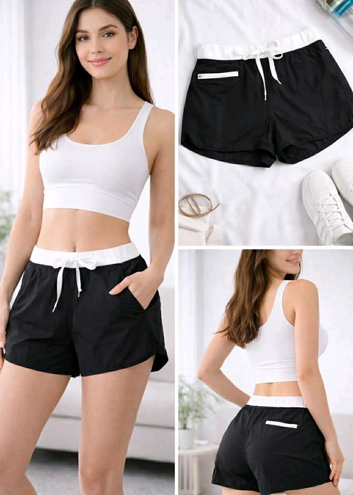 Black &amp; White Sporty Shorts Zip Pocket