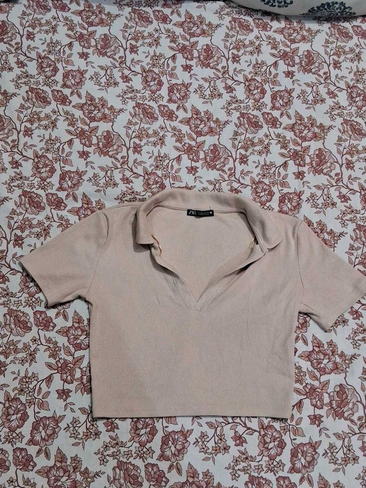 Zara Ribbed Crop Polo Top Size S