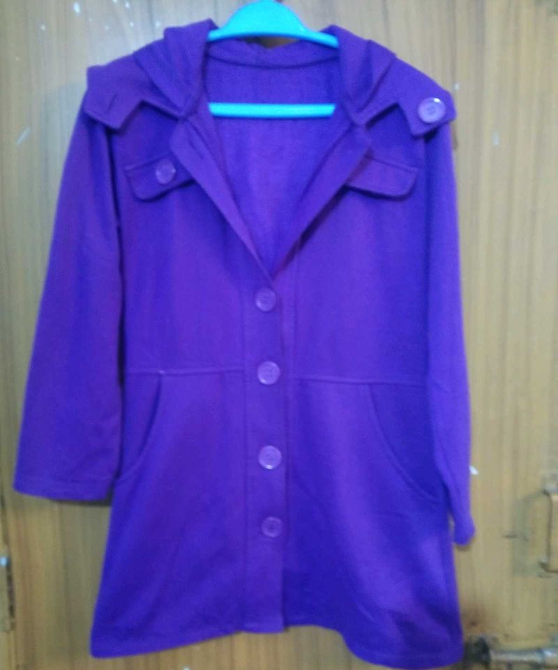 Purple Hooded Button-Down Coat