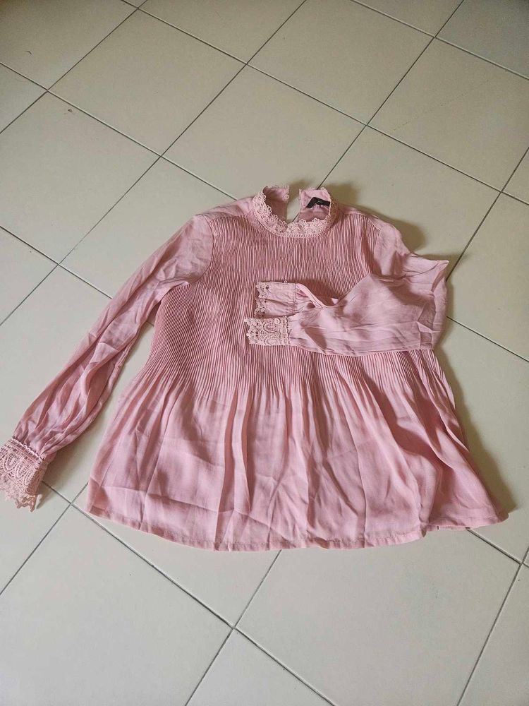 Pink Lace Trim Blouse