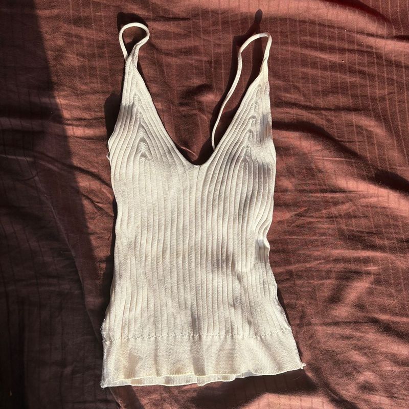 Cream Ribbed Knit V-Neck Cami Top