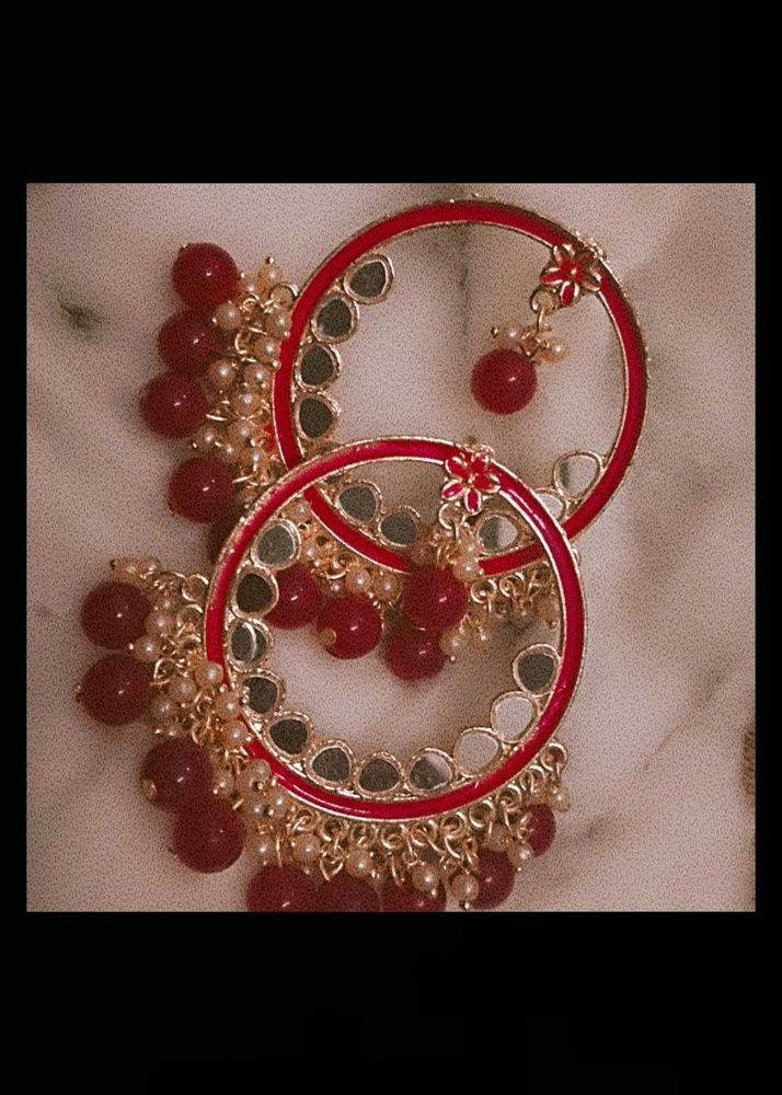 &#34;Traditional Red Kundan Earrings with Mirror Work