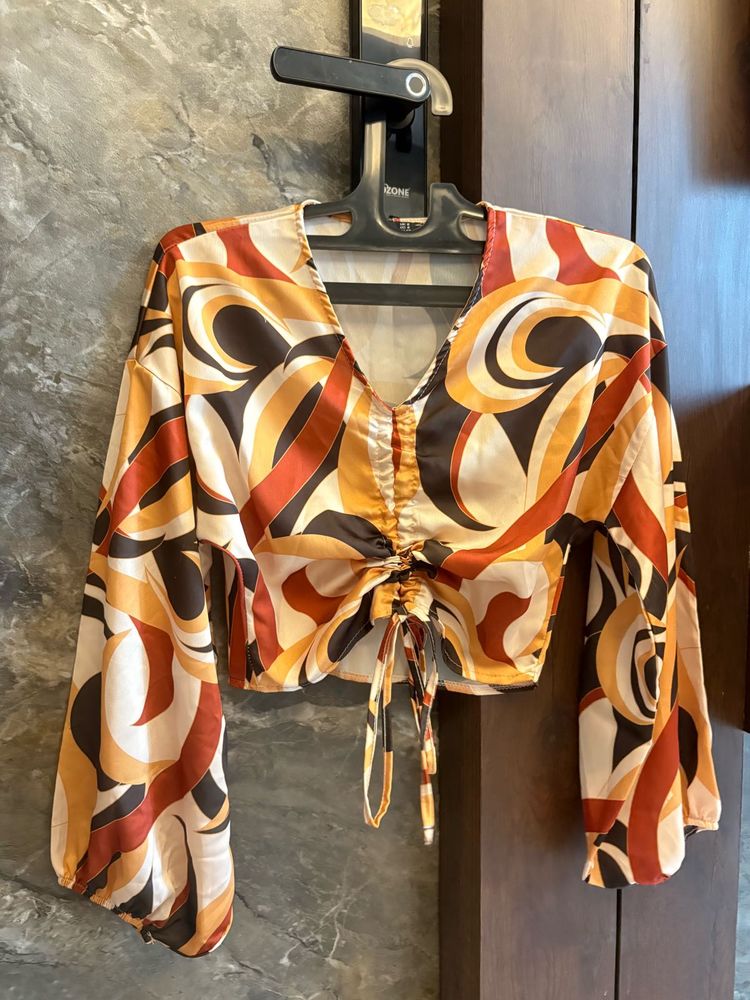 Boohoo Retro Print Tie-Front Top