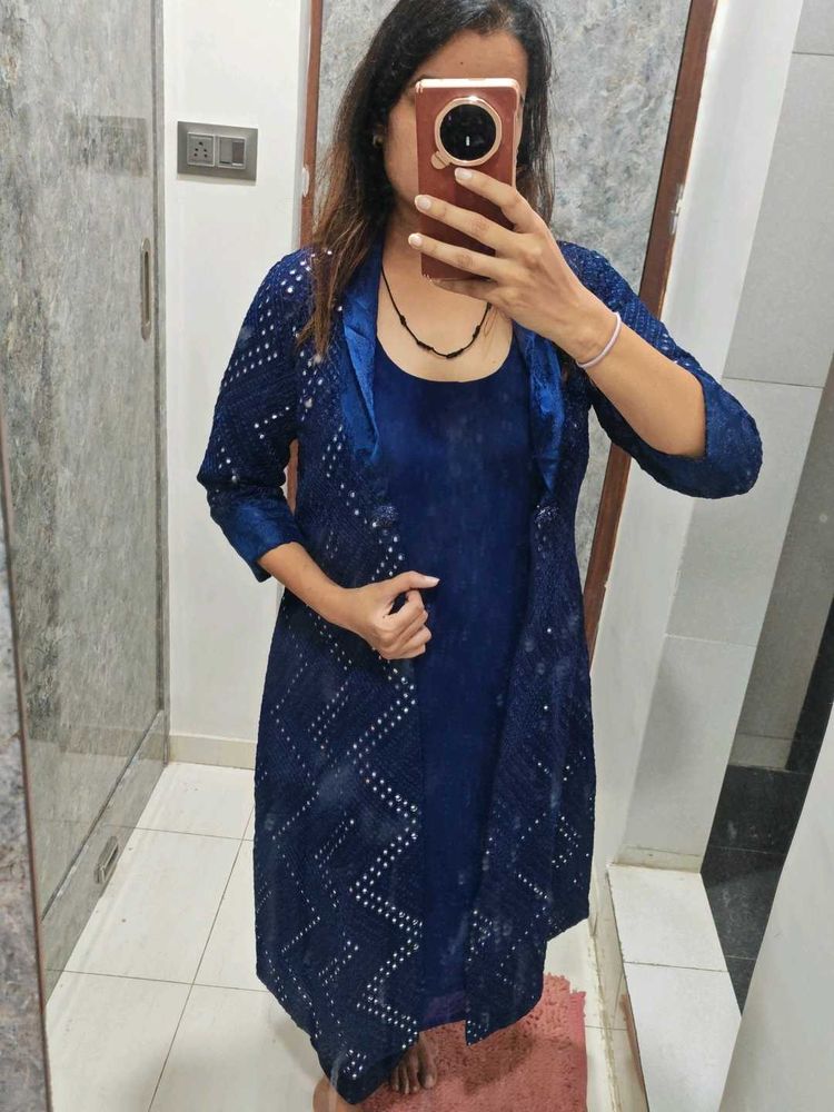 Blue Kurta Set with Long shrug Embellishment