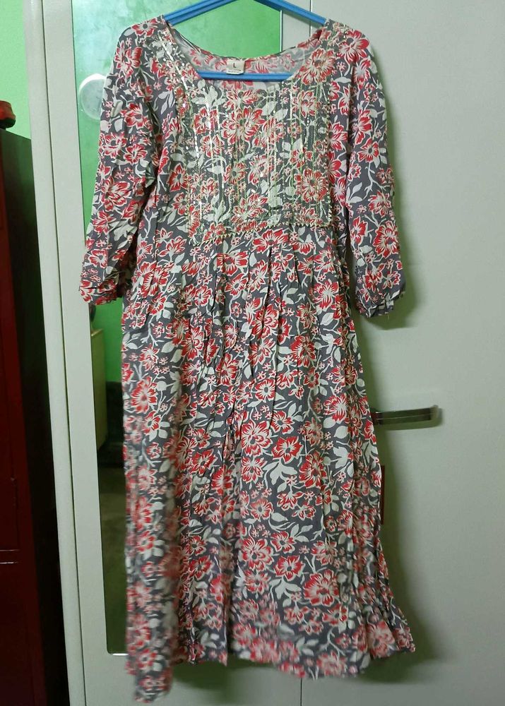 A line kurta/ kurti cotton grey and red