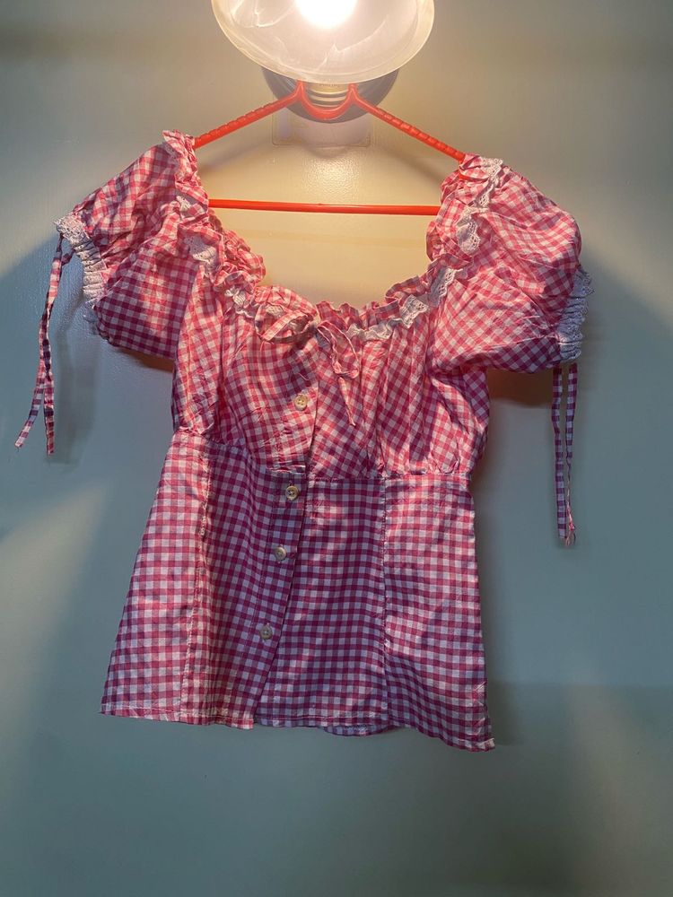 Pink Gingham Off-Shoulder Top