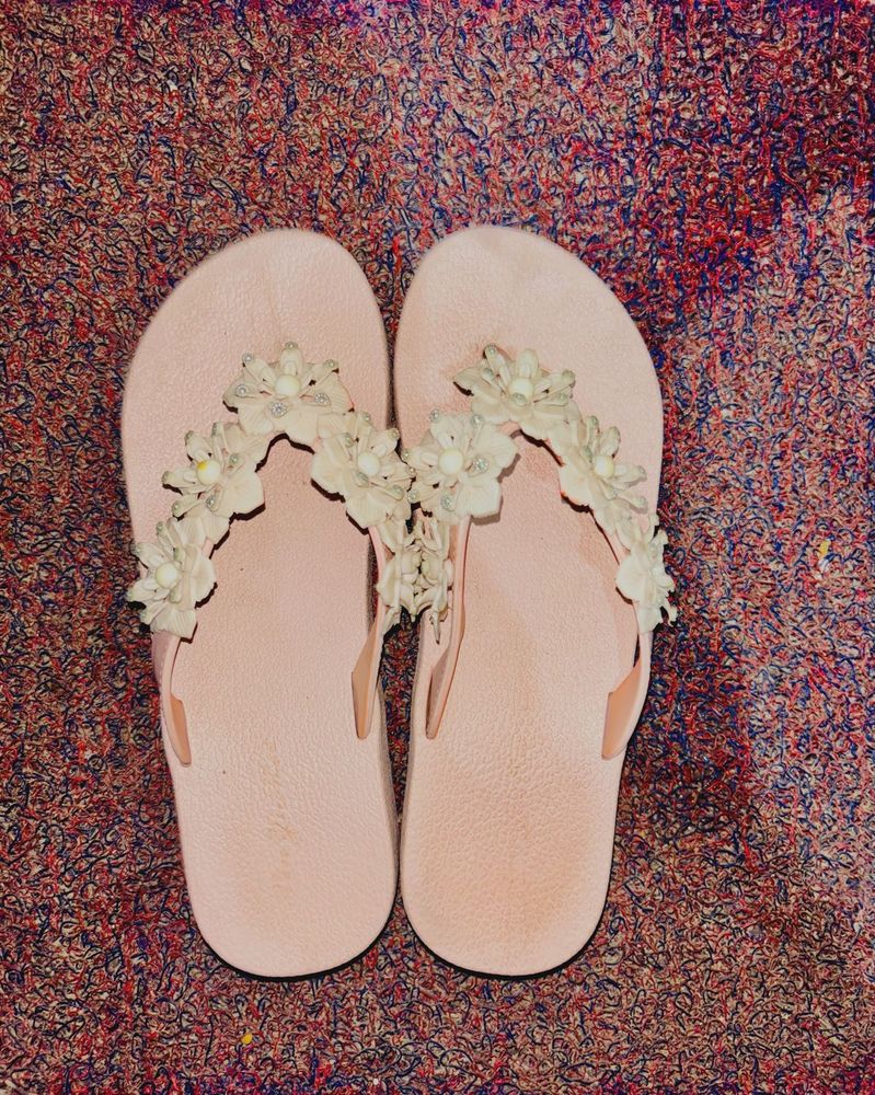 Women Pink Sliders With Flowers