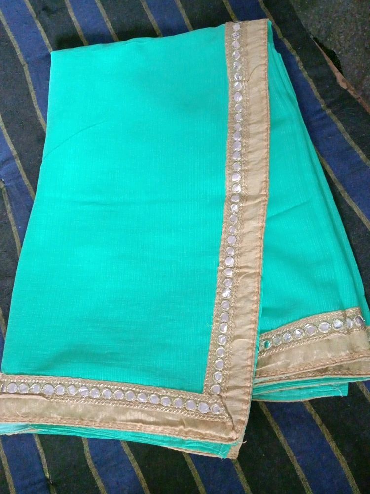 Plane Lux Green Saree With Mirror Work Lace