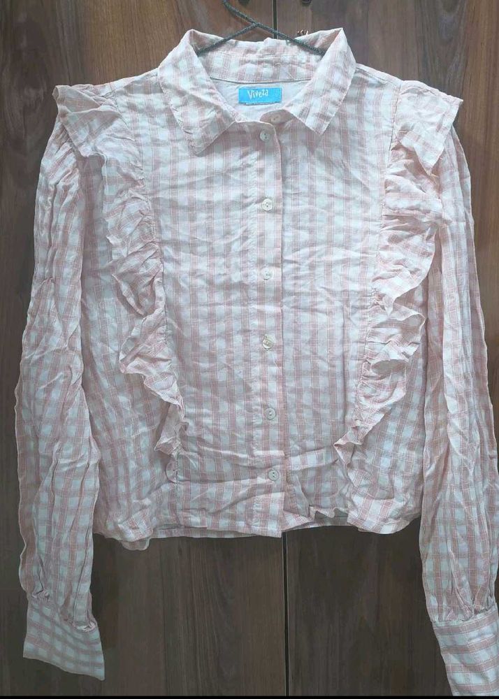 Cute Pink Checkered Ruffle Shirt