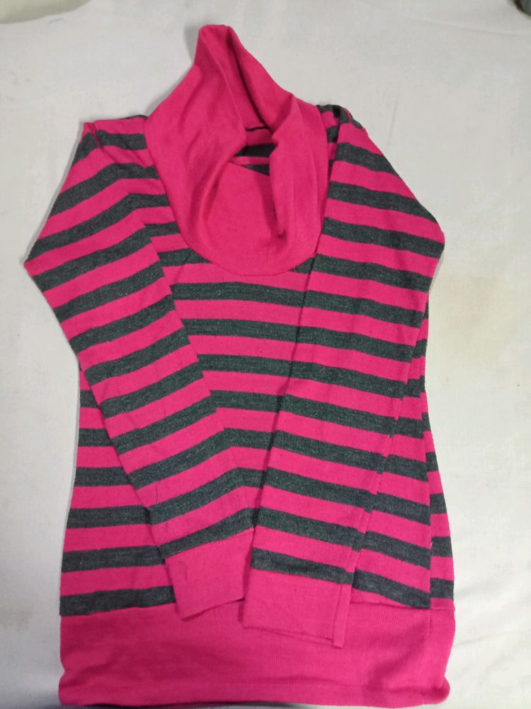 Pink And Gray Highneck Stripped Sweat Top