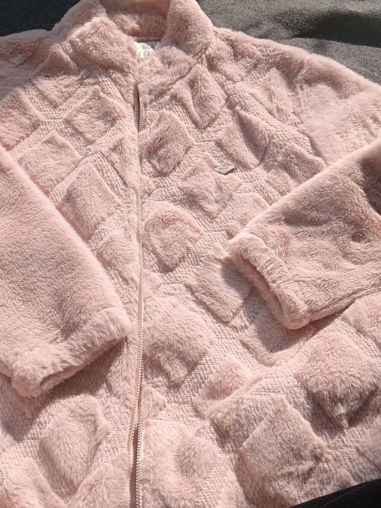 Pink Fuzzy Quilted Zip-Up Jacket