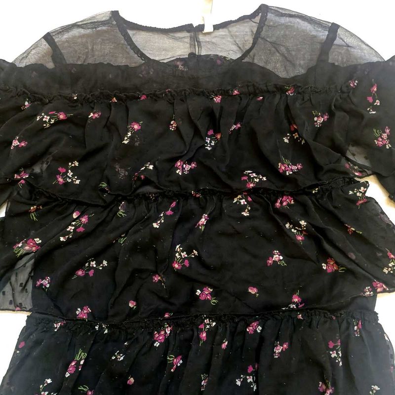 Black Floral Sheer Ruffle Top with Bell Sleeves