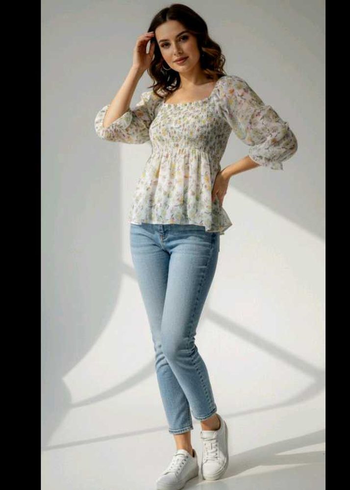 Floral Chiffon Smocked Blouse