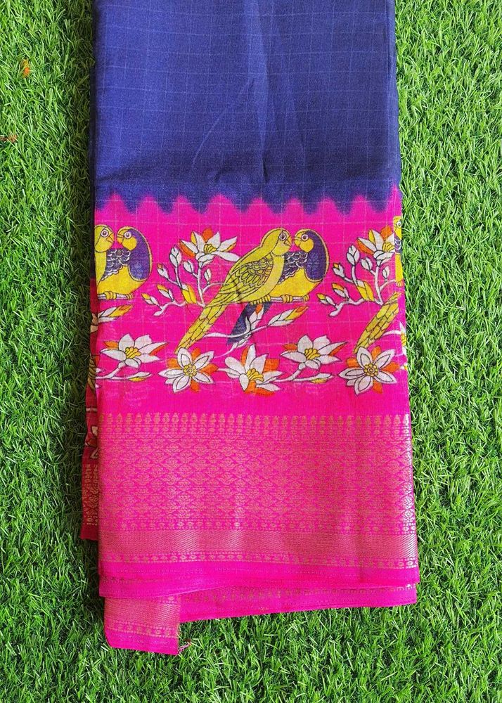 Blue Checked Saree with Bird &amp; Floral Border
