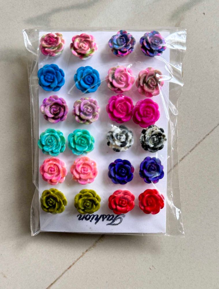 Rose Stud Earrings - 12 Pairs