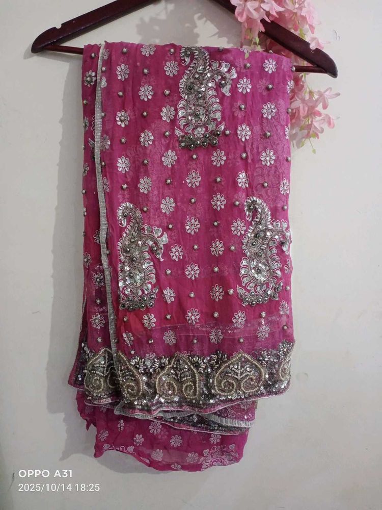 heavy onion colour fully pearl work Saree