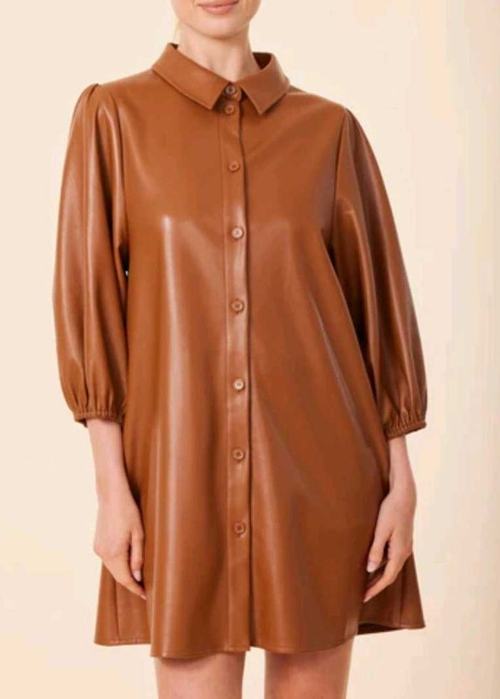 Chic Brown Faux Leather Shirt Dress