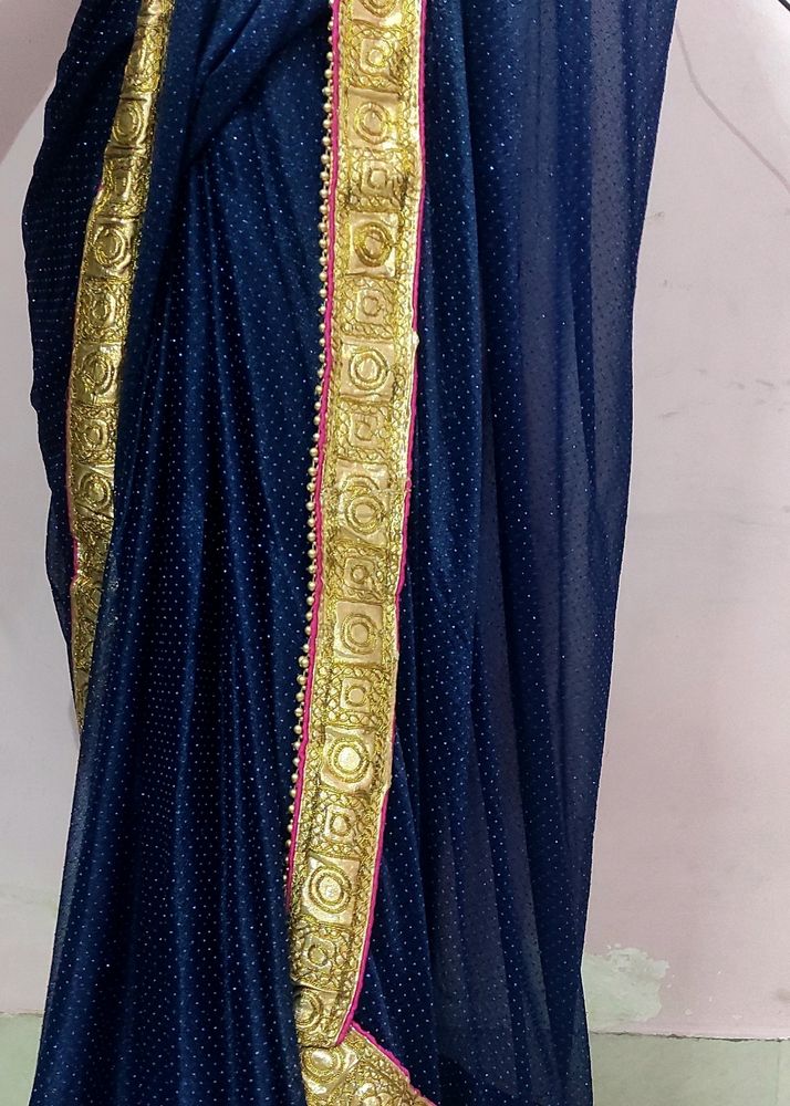 NET Saree With Blouse (Nevy Blue Colour)