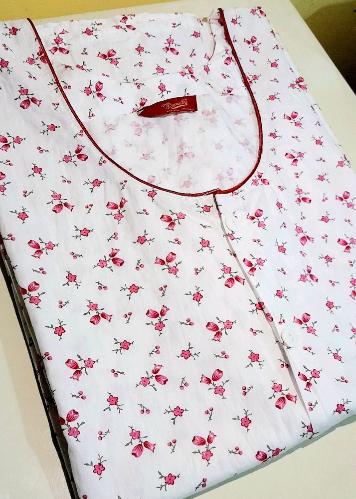 Premium Floral White Front Open Maxi (Night Wear)