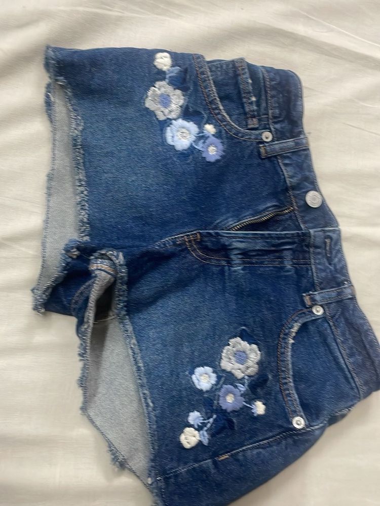 Floral Embroidered Denim Shorts