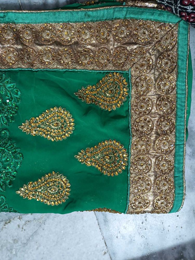 Emerald Green &amp; Gold Embellished Saree