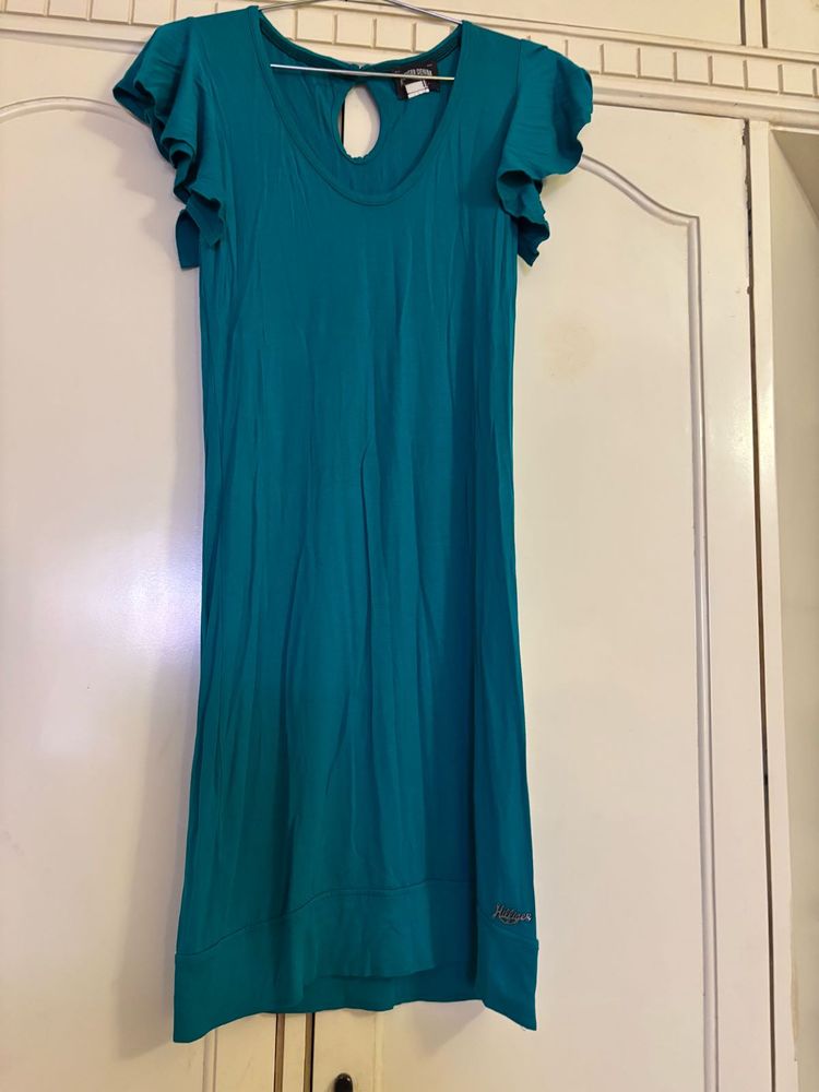 Tommy Hilfiger Chic Teal Ruffle Sleeve Dress