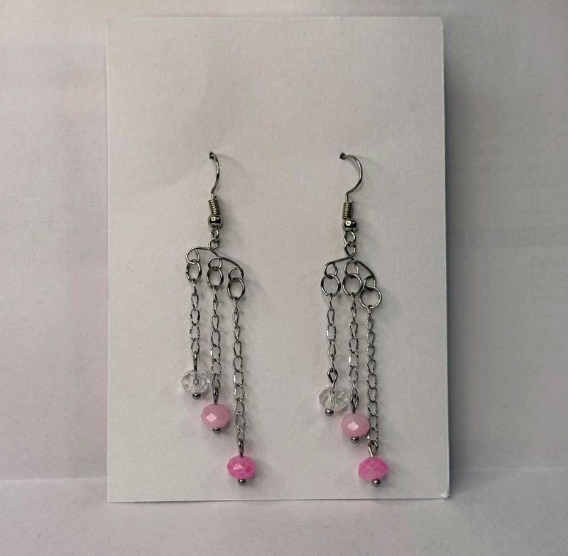 Trendy Pastel Pink &amp; Crystal Dangle Chain Earrings