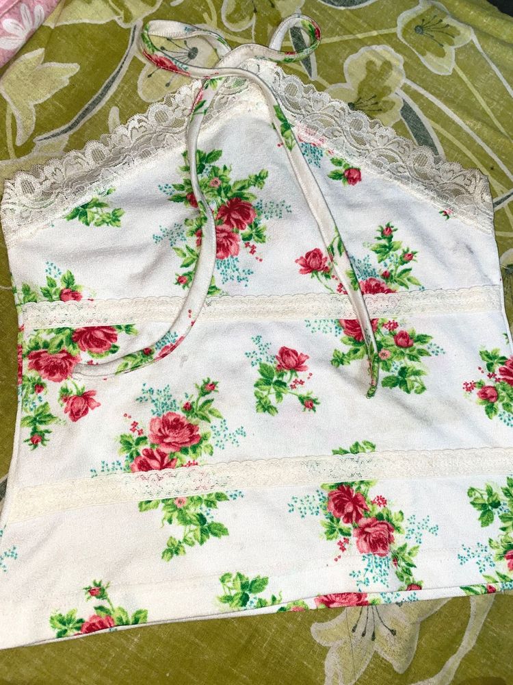 Floral Lace Trim Halter Top