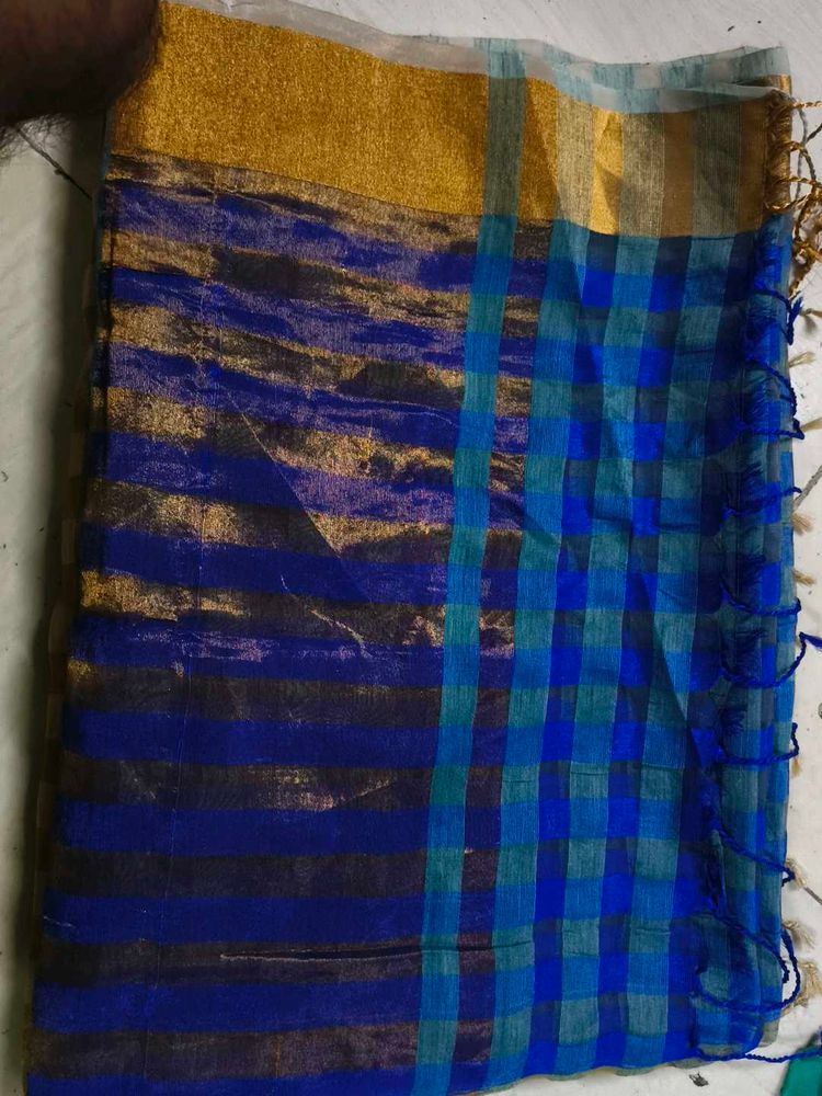 Blue &amp; Gold Checked Saree