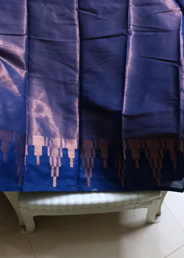 Cotton Linen Saree With Blue And Copper Colour