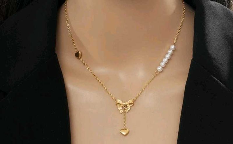 Heart drop bow with pearl necklace anti tarnish