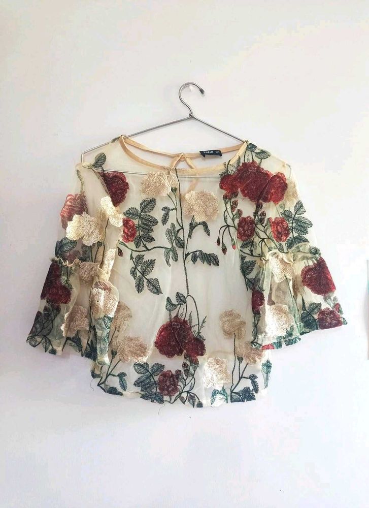 SHEIN Floral Embroidered Sheer Top