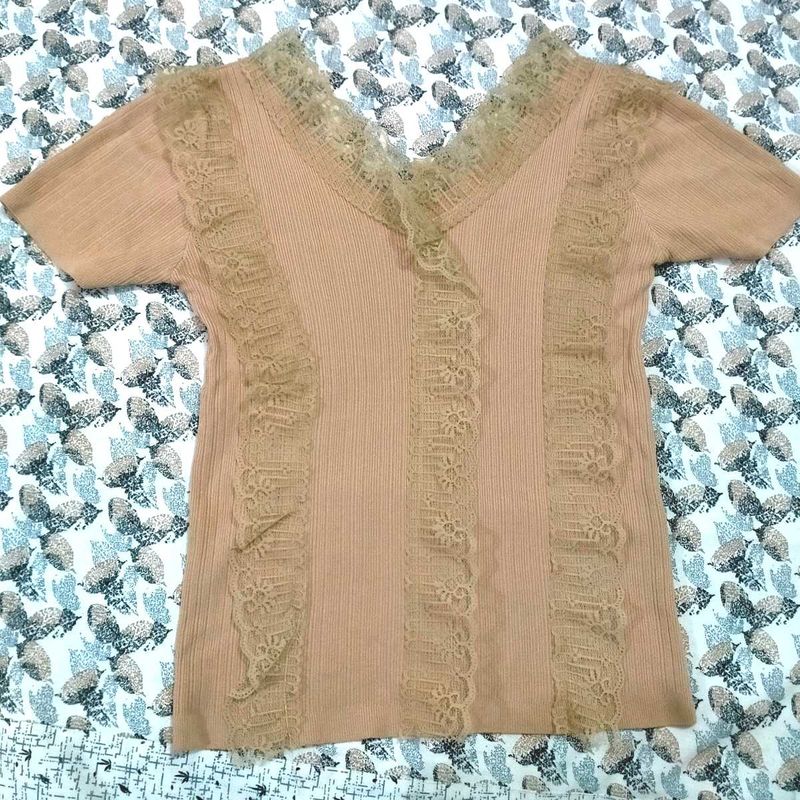 Fitted Y2K Vintage Beige Lace Top