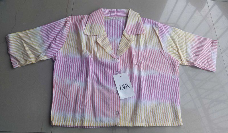 Multicolor Striped Cotton Crop Shirt For Women