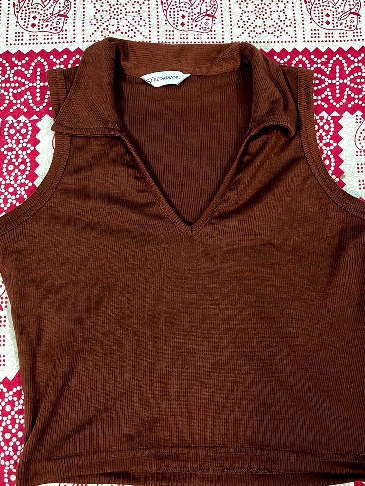 Brown Ribbed Polo Top