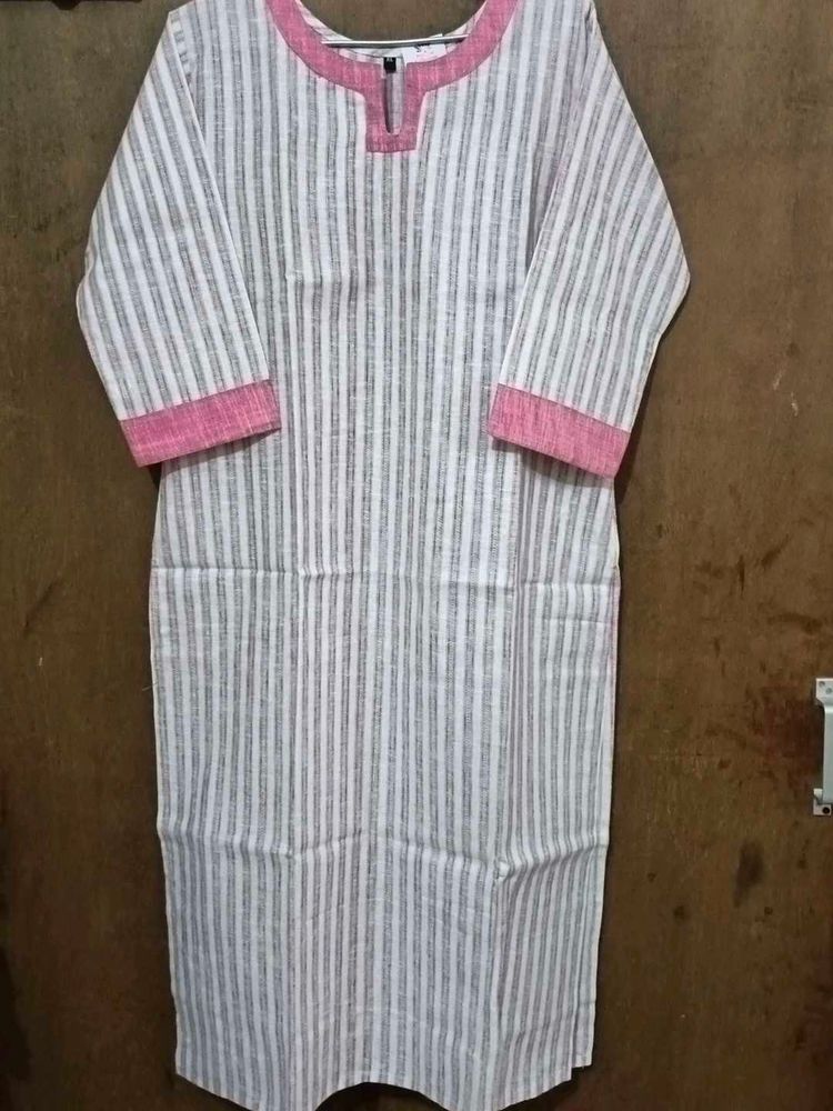 Striped White cotton long straight kurta