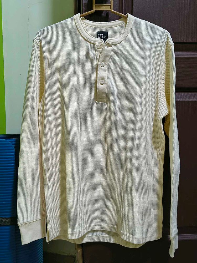 MAX Cream Waffle Textured Long Sleeve Henley Shirt