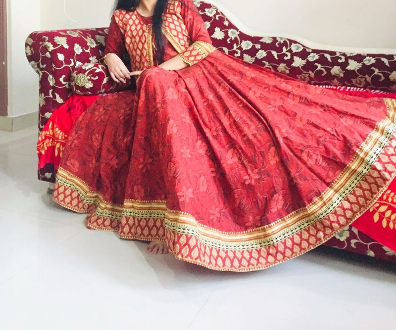 Red &amp; Gold Anarkali Suit With Koti