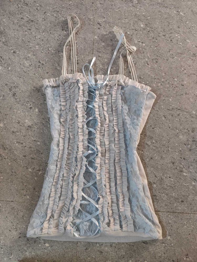 blue ethereal lace and ribbon detail cami top