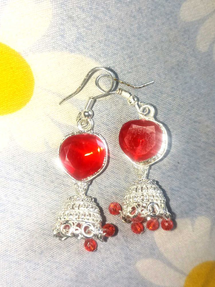 Red Gemstone Jhumka Earrings