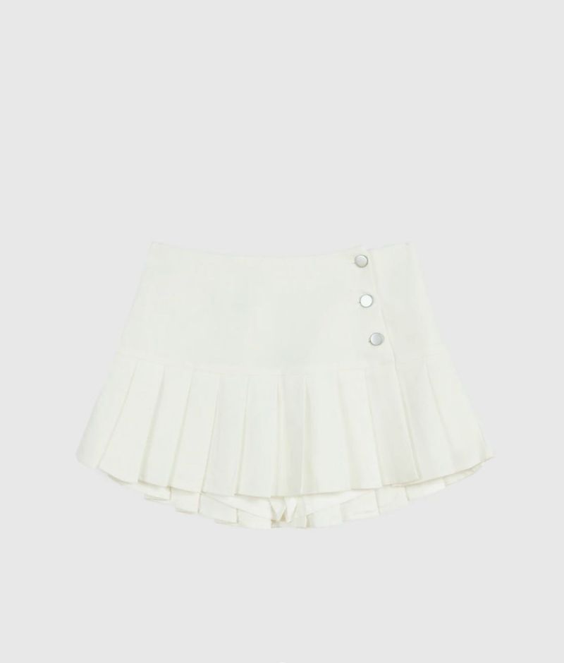 Pleated Button-Detail White Skort