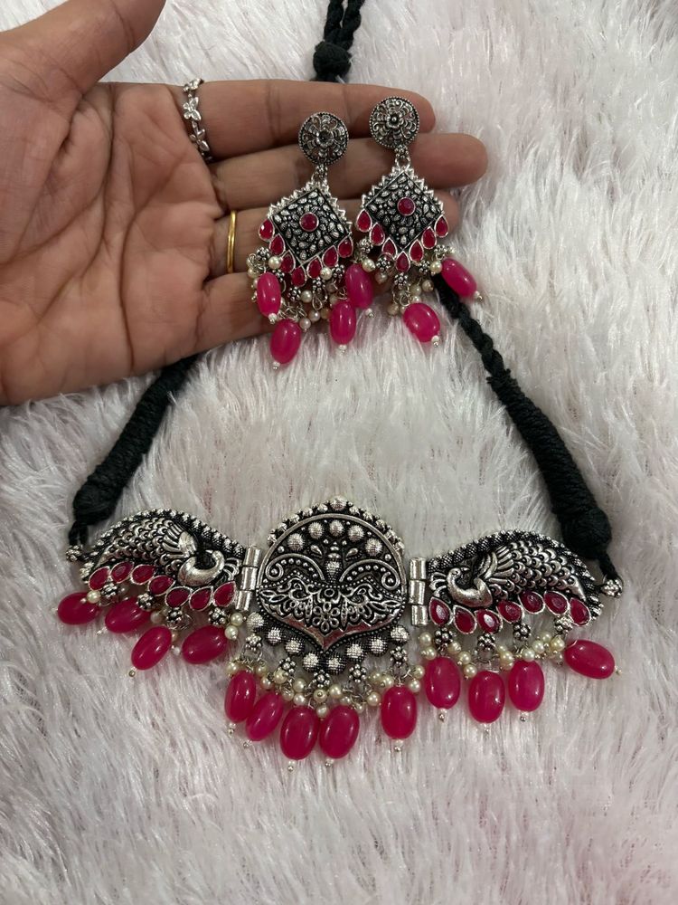 Beautiful Oxidised Pink Pearl Choker With Earrings