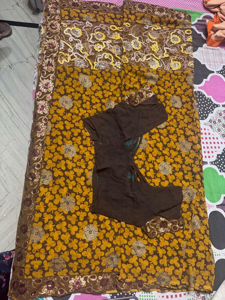 Beautiful Brown &amp; Mustard Saree with Embroidery