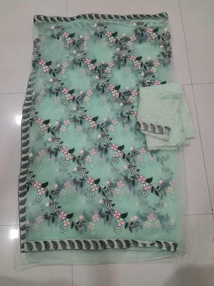 Mint Green Floral Embroidered Fabric