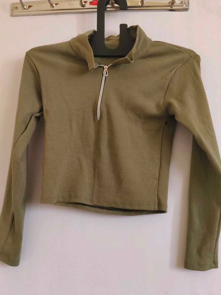 Olive Green Ribbed Zip-Up Mock Neck Top