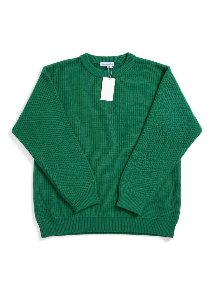 Oversized Rib Knit Emerald Green Crewneck Sweater|