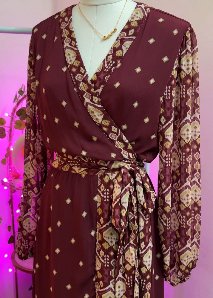 Burgundy Patterned Wrap Dress