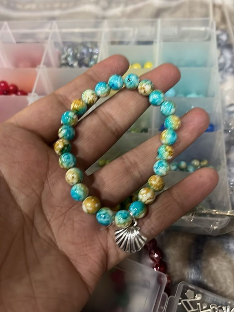 blue Beaded Bracelet with Shell Charm