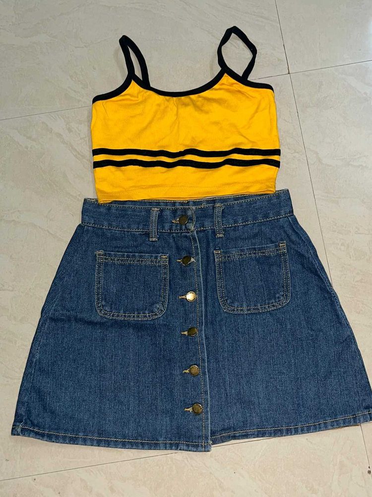 Cute Yellow Top &amp; Denim Skirt Set