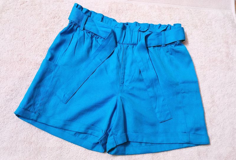 Blue Paperbag Waist Shorts